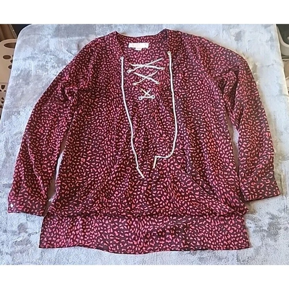 Womens Michael Kors Chain Lace-Up Blouse Black Red Long‎ Sleeve Size Small